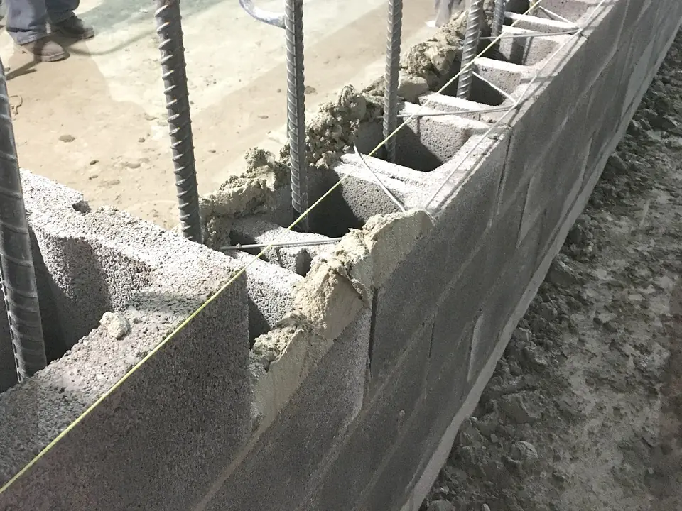 Mur en blocs de béton creux en cours d'élévation, avec fers d'armature verticaux et joints de mortier frais, sur un chantier de gros œuvre à New York.